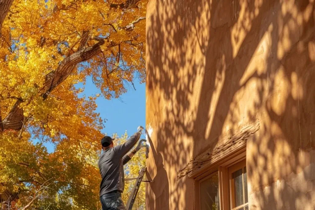 a painting contractor painting the exterior of a house on a clear autumn day new mexico