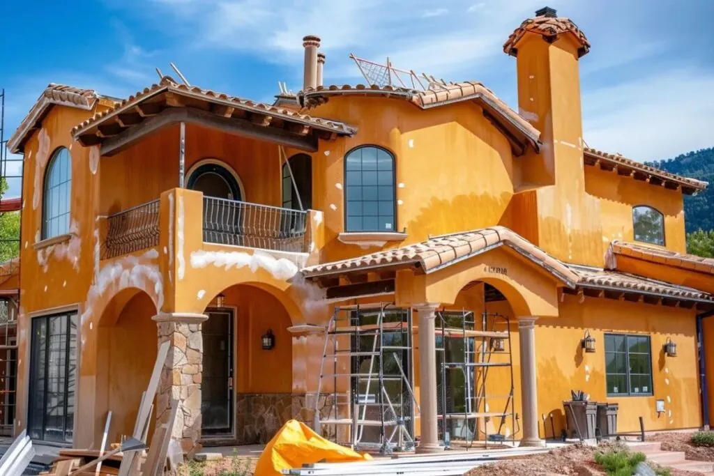 a house exterior being painted in mild spring weather.