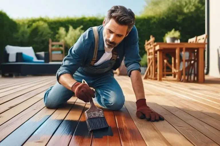 man enjoying staining the wood deck