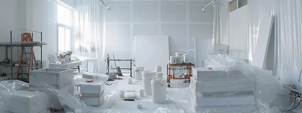 a white room with furniture covered in plastic sheets, paint cans and brushes neatly organized in the center