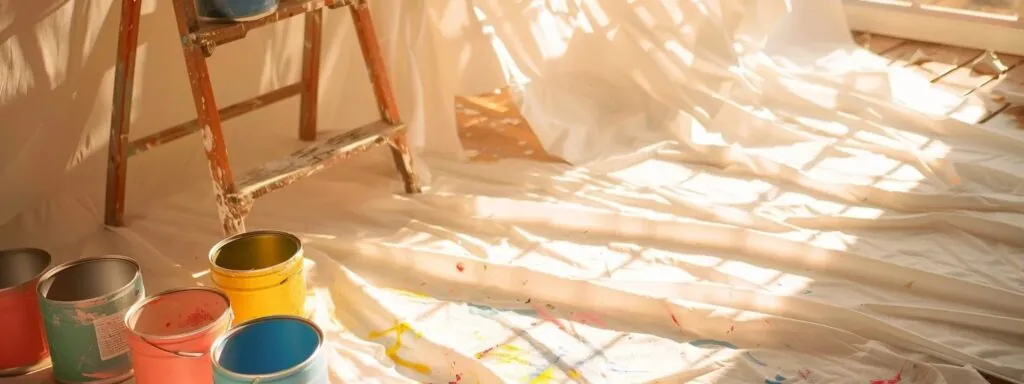 a white canvas drop cloth spread out on the floor beneath a ladder and cans of colorful paint in a bright, sunlit room.