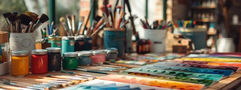 a neatly organized table with color swatches, paint cans, and brushes ready for interior painting