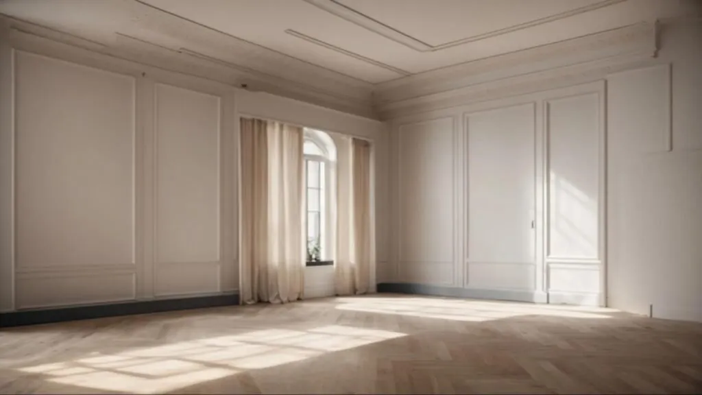 a room stripped of furniture and wall hangings, with protective coverings on the floors and trim, ready for interior painting.