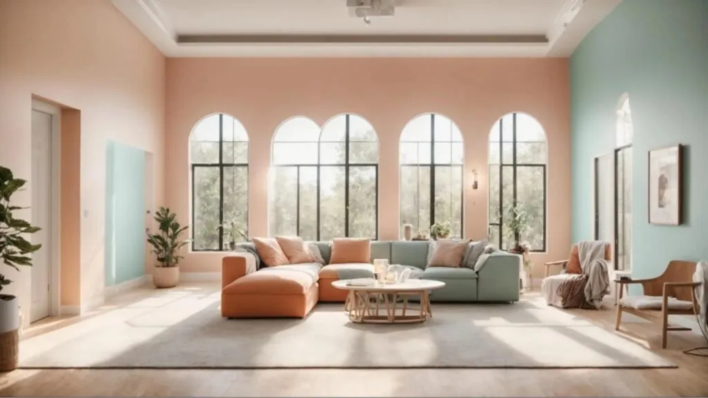 a beautifully painted 12x12 room showcases a harmonious blend of soft pastel colors, with natural light streaming through large windows that accentuates the vibrant hues on the walls.